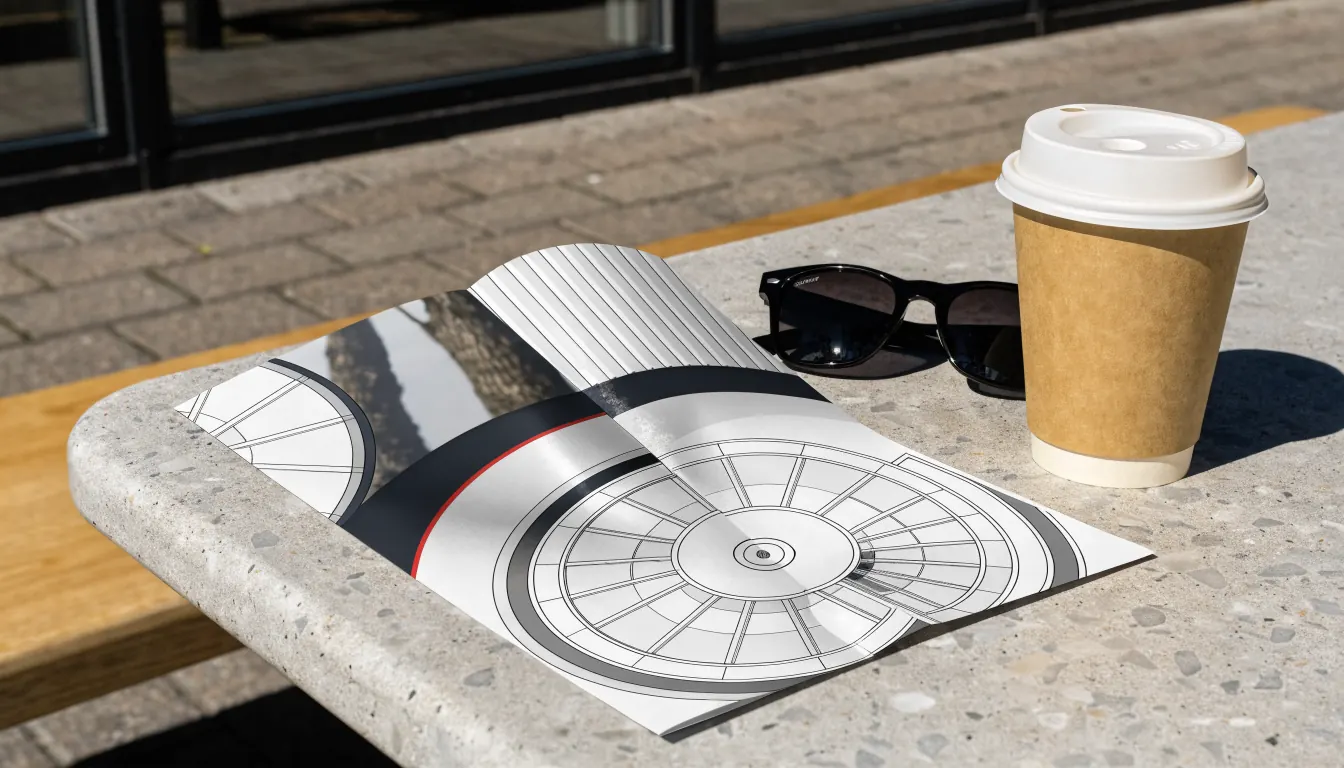 Folded promotional flyer on Sydney cafe table