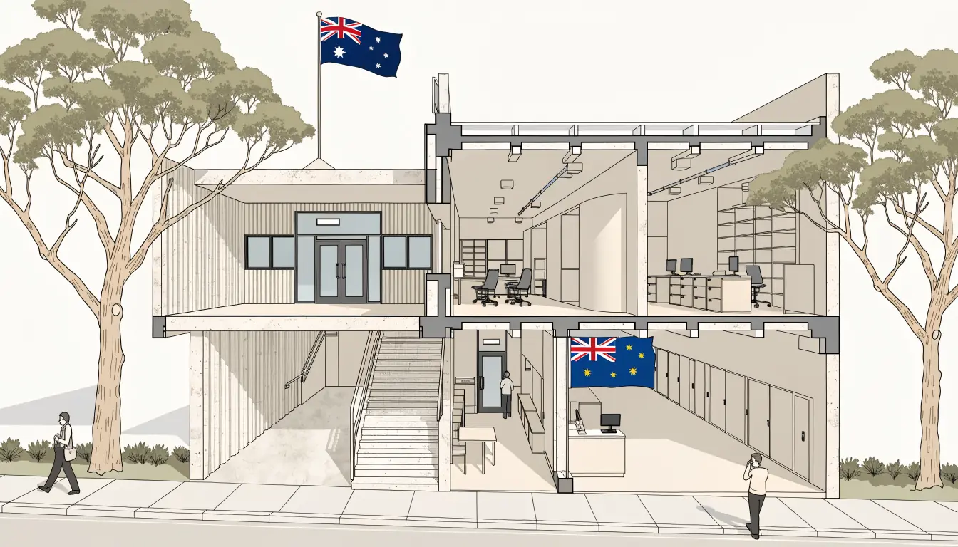 Australian government building with federal and state flags